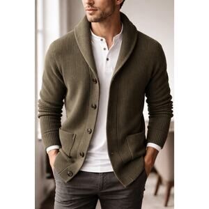 Charles Tyrwhitt Merino Wool Shawl Collar Cardigan Olive Green Size M OldMoney